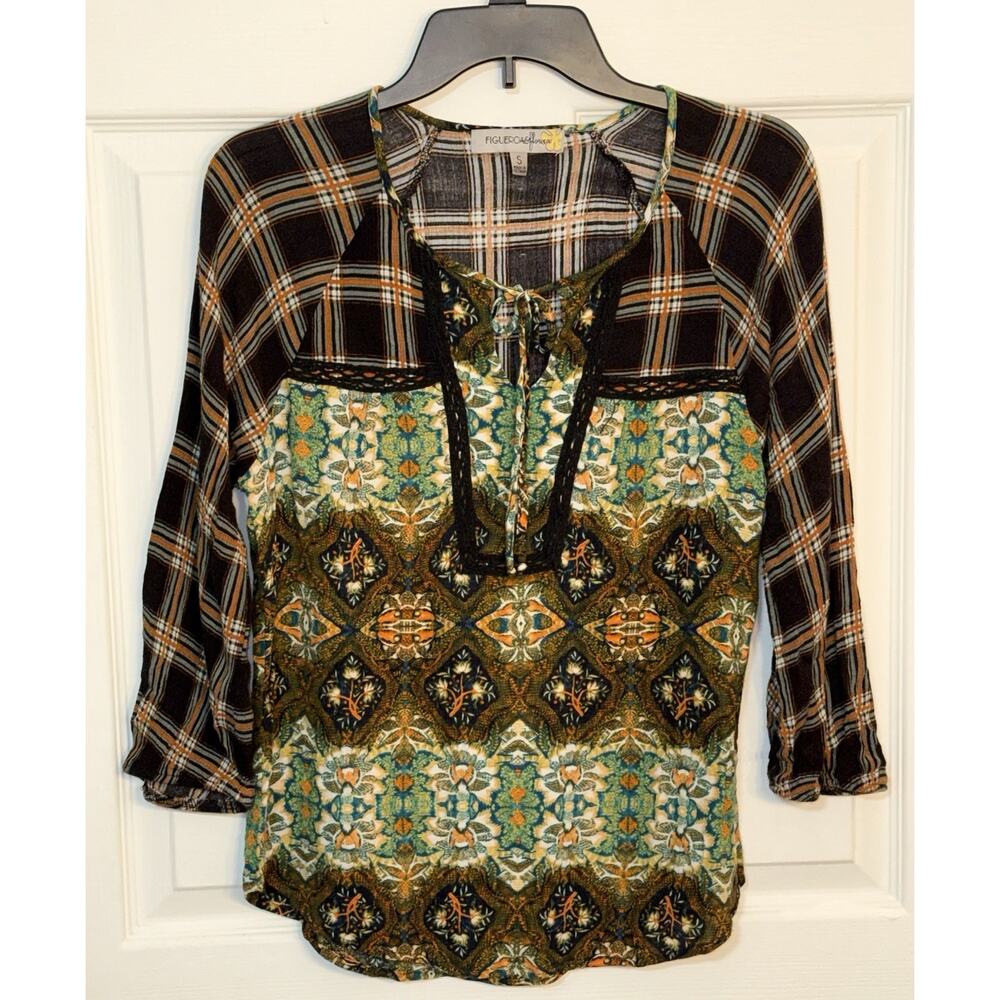 Figueroa & Flower Mixed Media Plaid & Floral Print Blouse Boho Top Small Women’s